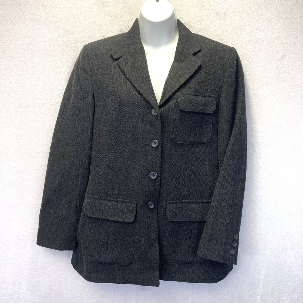 Vintage Y2K Lands End 100% Wool Blazer Womens 4 Gray Tweed 4-Button Flap Pockets